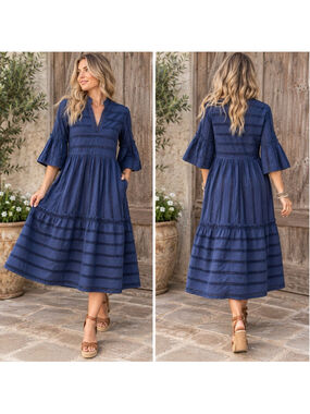 Sail to Sable Navy Midi Dress M Bell Sleeve Crochet Trim Tiered Coastal